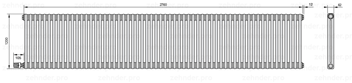 Схема (чертеж) Радиатор Zehnder Charleston 2120/60 №V004 Белый глянцевый RAL 9016